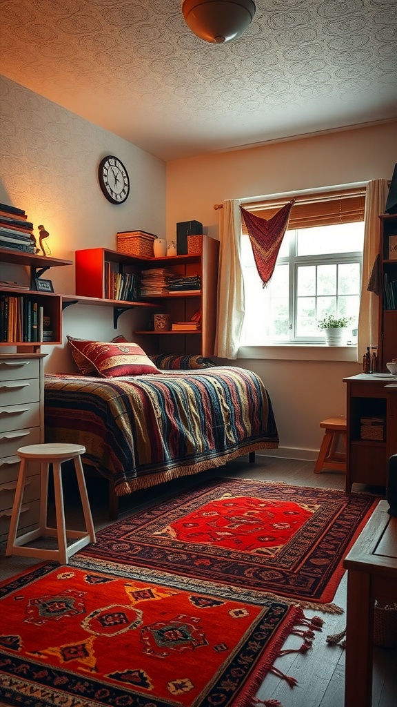 Boho style dorm room featuring layered textiles and rugs.