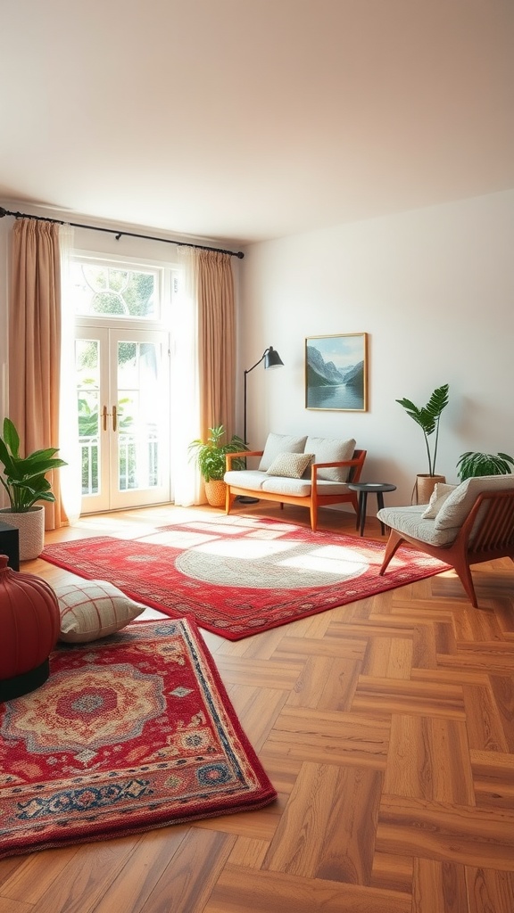 A rustic boho living room with layered rugs and cozy seating.