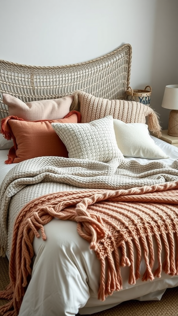 A beautifully arranged bed with layered textiles, featuring pillows and a cozy throw blanket.