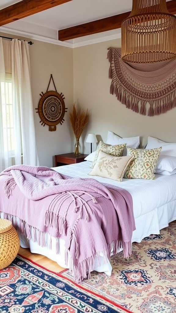 Cozy bedroom featuring layered textiles, a soft blanket, and decorative pillows.