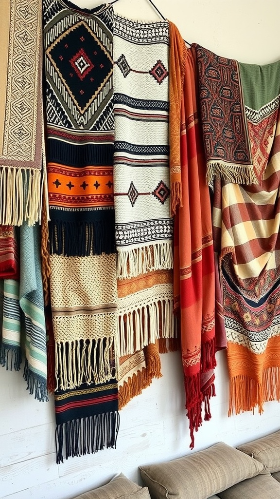 A collection of colorful and textured textiles hanging on a wall, showcasing a boho style.