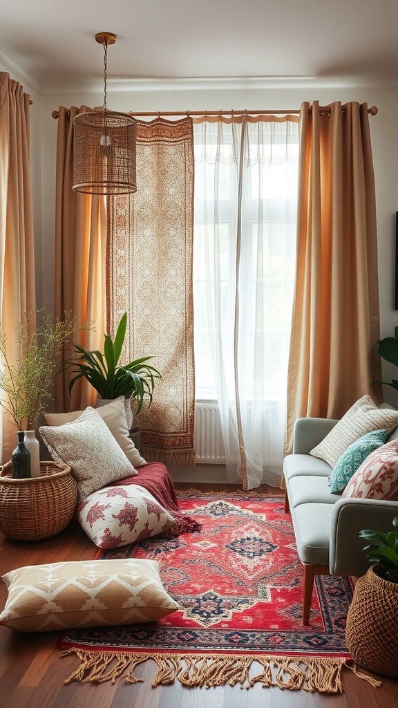 A vintage boho living room with layered textiles including cushions, rugs, and curtains.