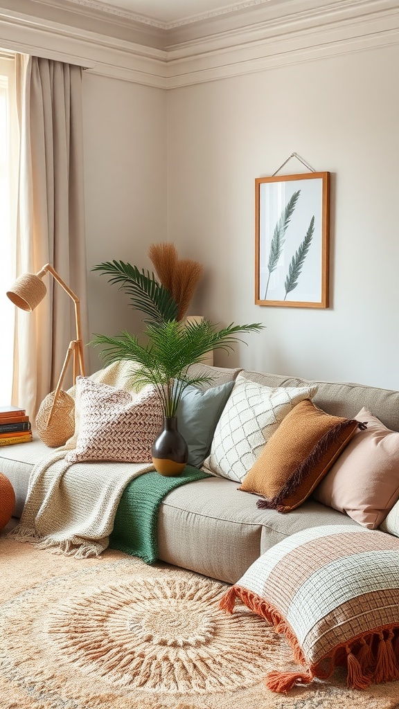 A cozy living room featuring layered textiles, including pillows and a blanket on a sofa, with a warm rug on the floor.