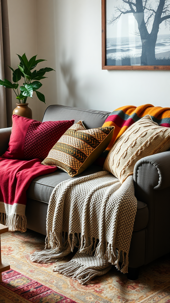 Cozy eclectic living room with layered textiles including colorful blankets and pillows on a couch.