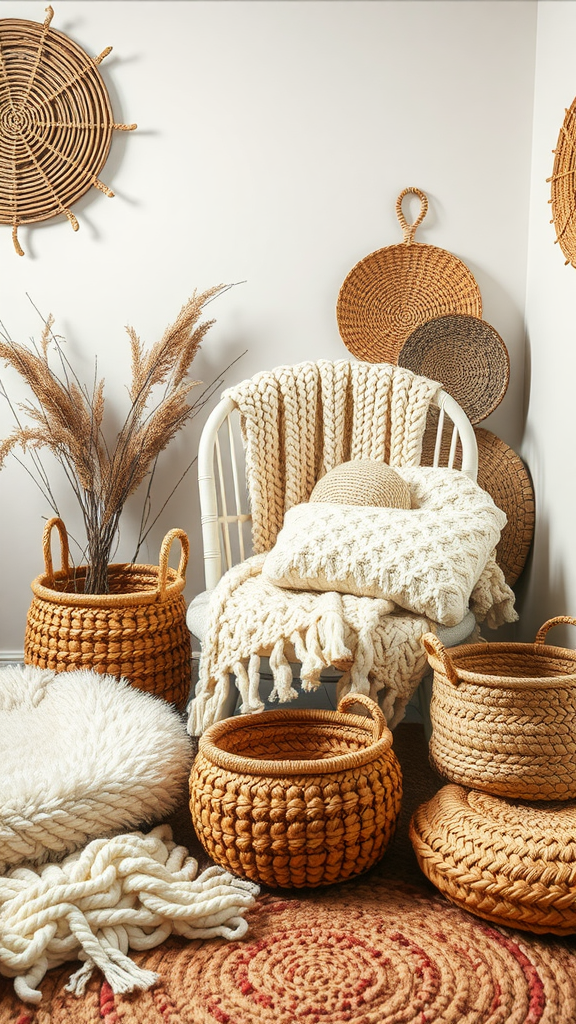 A cozy corner featuring a white chair with a knitted throw and various woven baskets, showcasing layered textures.