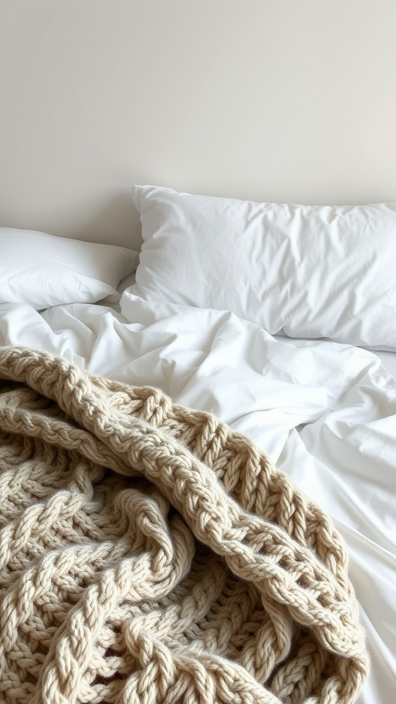 A cozy bed with a knitted blanket and white sheets, showcasing layered textures.