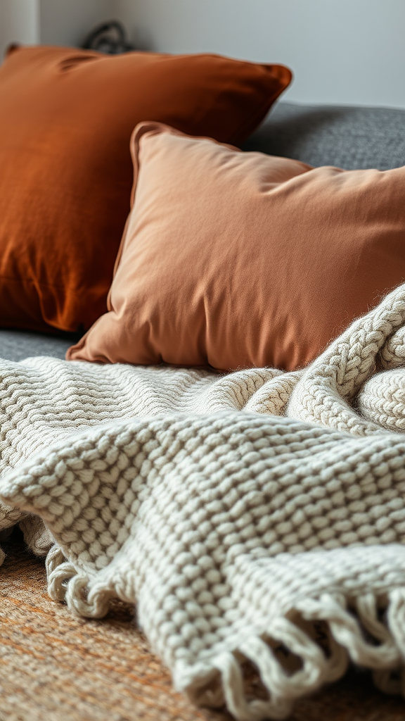 Close-up of a cozy sofa with layered pillows and a knit blanket.