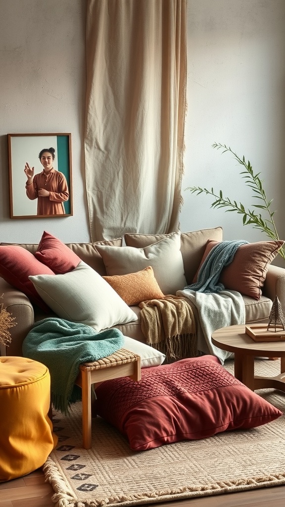 A colorful living room with layered textures including pillows, throws, and rugs.