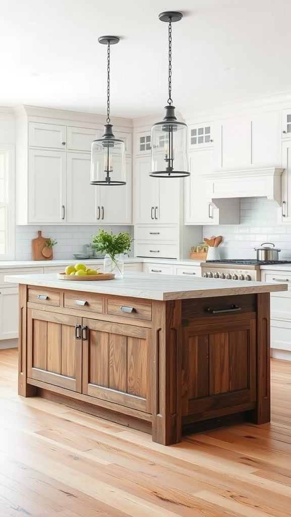 A farmhouse kitchen with a wooden island and stylish pendant lights.