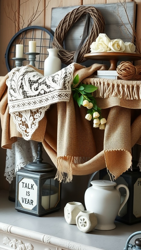 A farmhouse living room mantle decorated with layered textures of fabrics, candles, and decorative items.