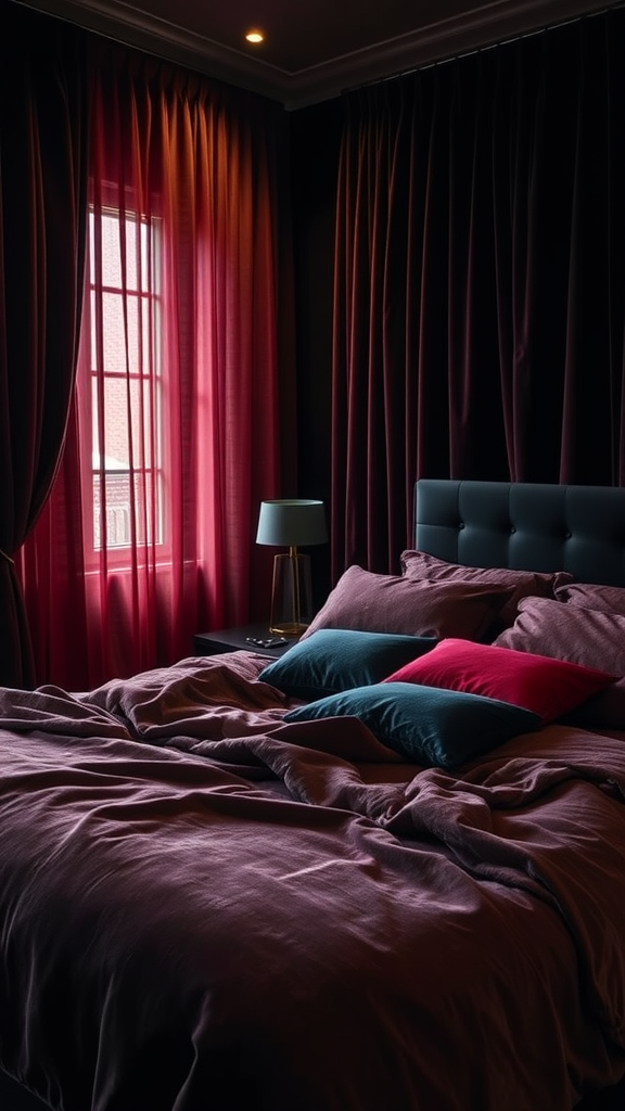 A cozy bedroom featuring velvet curtains and bedding in rich colors.