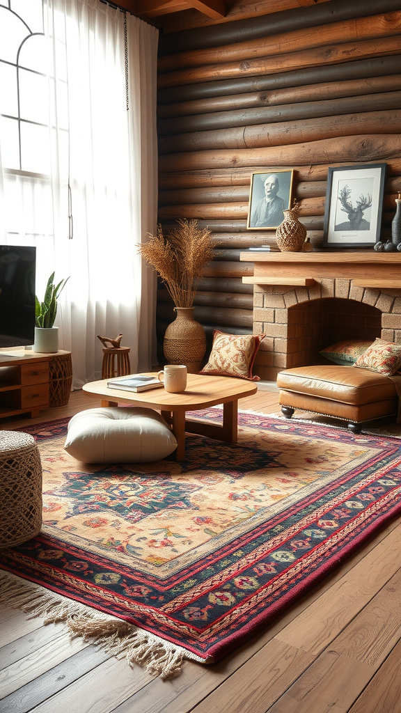 A cozy ranch-style living room featuring layered rugs, wooden walls, and a warm fireplace.