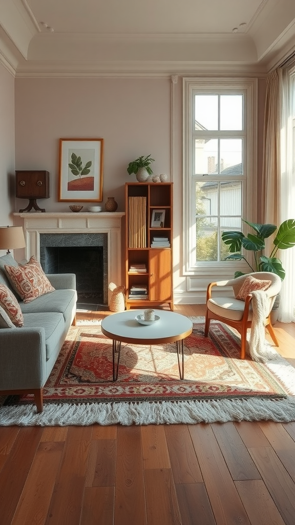 Cozy living room with layered rugs, featuring a neutral base rug and a patterned accent rug, complemented by stylish furniture.