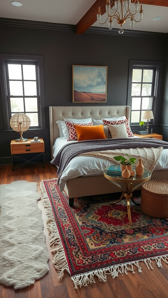 A cozy bedroom featuring layered rugs, showcasing a plush white rug on top of a patterned red rug.