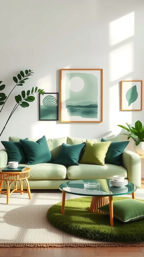 A cozy living room with various shades of green decor, featuring a green sofa, green cushions, and green artwork on the walls.