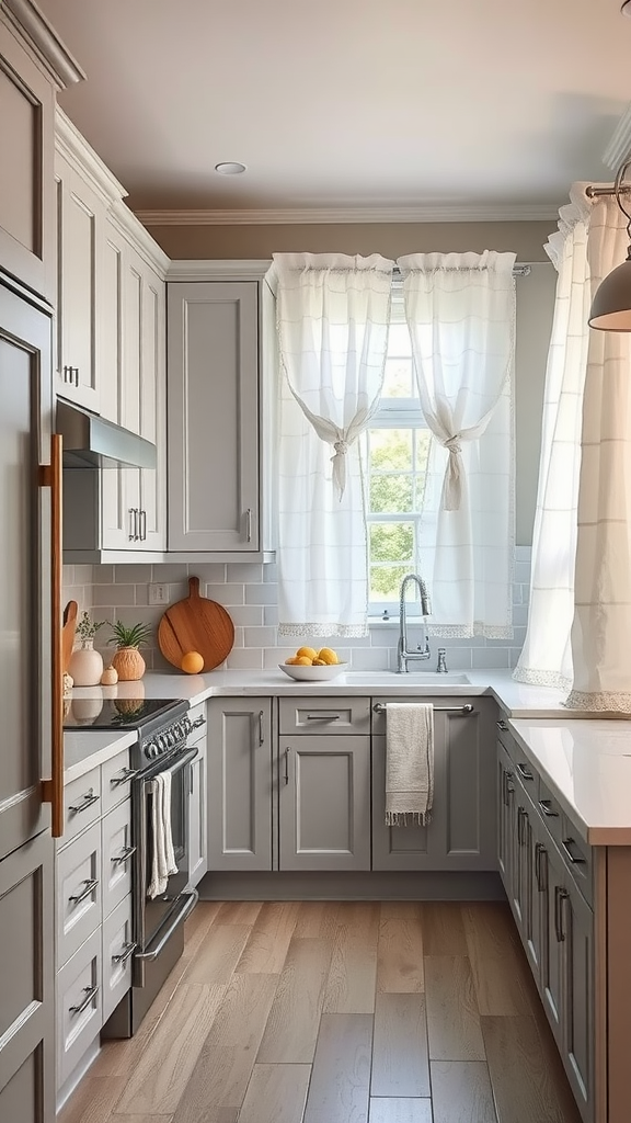 A light gray kitchen featuring soft textiles with sheer curtains and cozy dish towels.