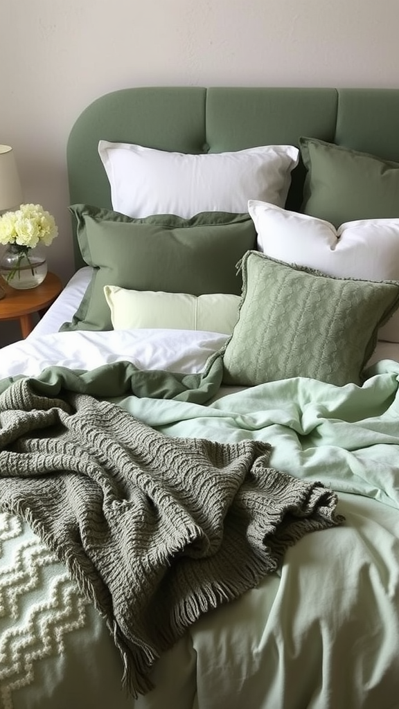 A beautifully arranged bed with sage green pillows and blankets.