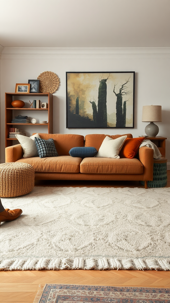 A cozy living room featuring warm colors and various textures.