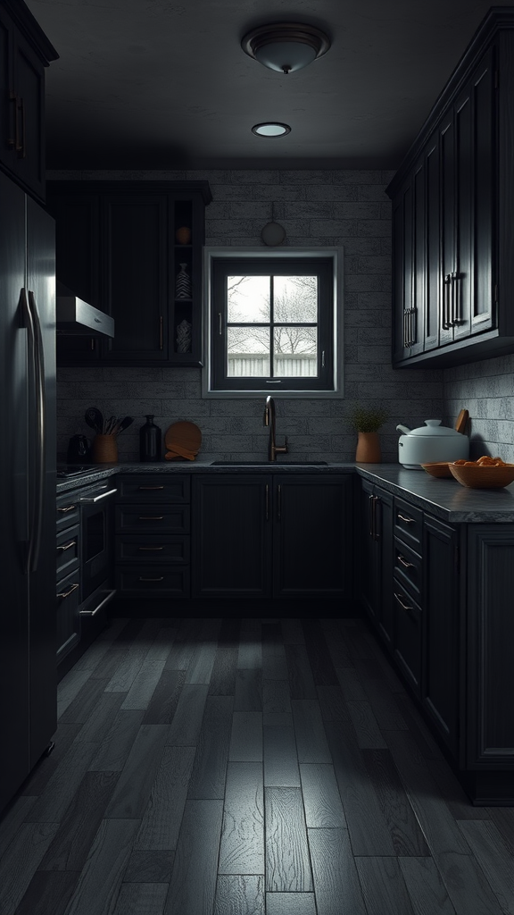 A modern dark kitchen featuring dark cabinets, a window, and stylish decor.