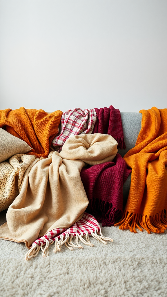 A cozy collection of warm-colored throws draped over a sofa, creating a welcoming atmosphere.