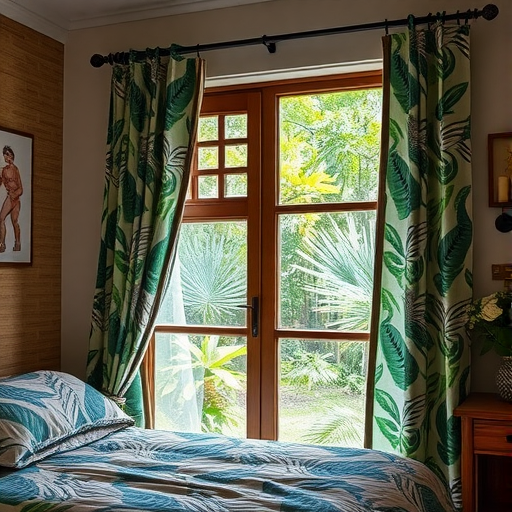 A cozy bedroom with leaf-patterned curtains framing a window that shows lush greenery outside.