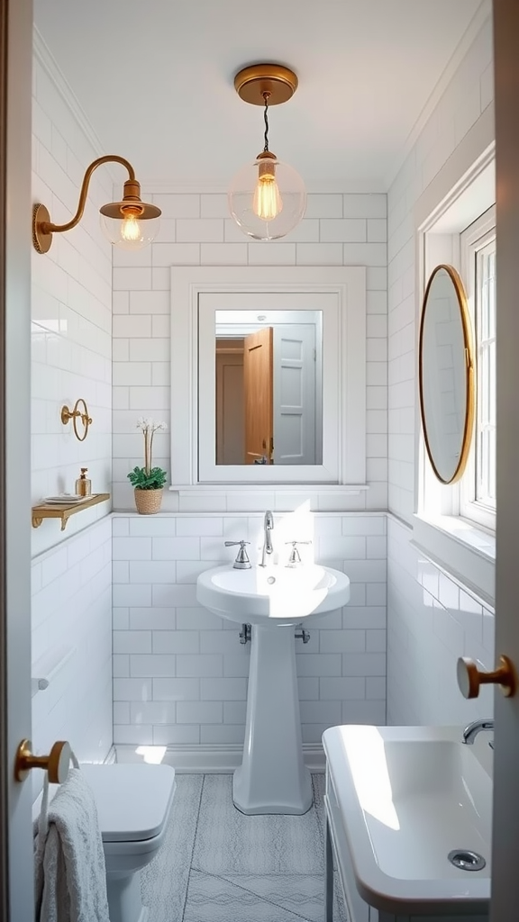 Bright and stylish bathroom with light fixtures.