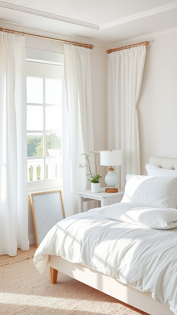 A bright and airy bedroom with white curtains and bedding, showcasing a serene and inviting atmosphere.