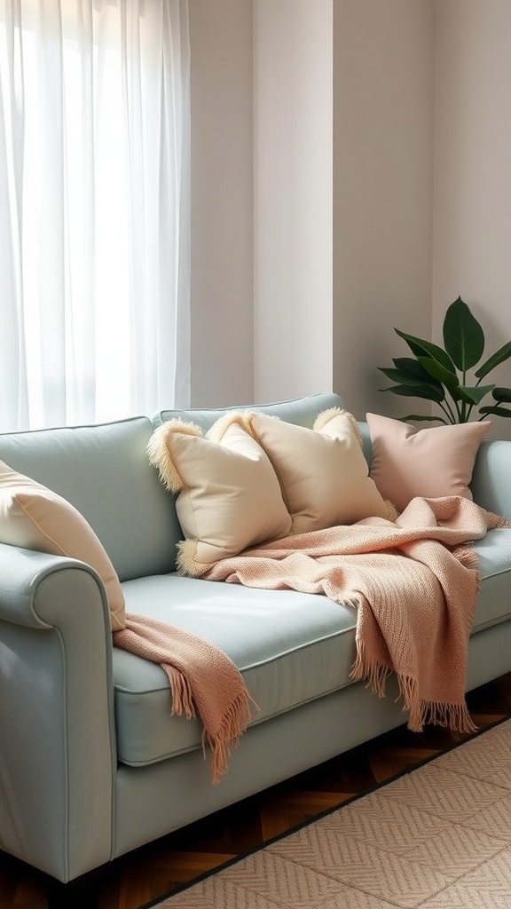 A light blue plush sofa adorned with soft pillows and a cozy blanket, set in a bright living room.