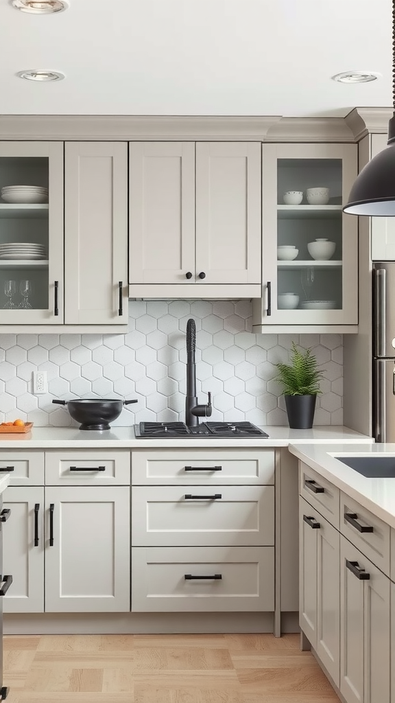 Light gray kitchen cabinets with black accents and a modern design.