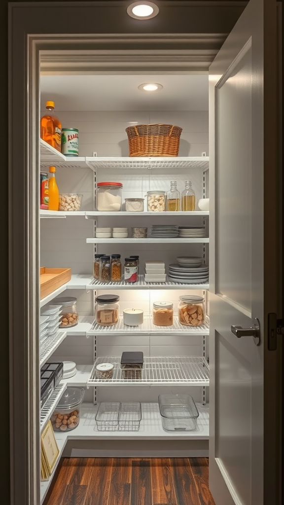 Interior view of a well-organized corner kitchen pantry with bright lighting.