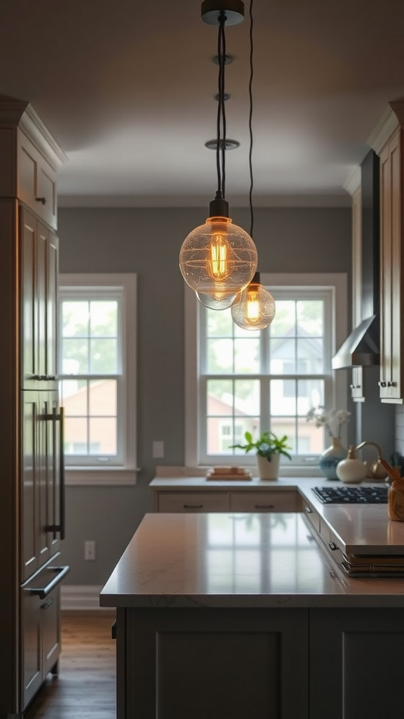 Modern kitchen with pendant lights above a narrow island.