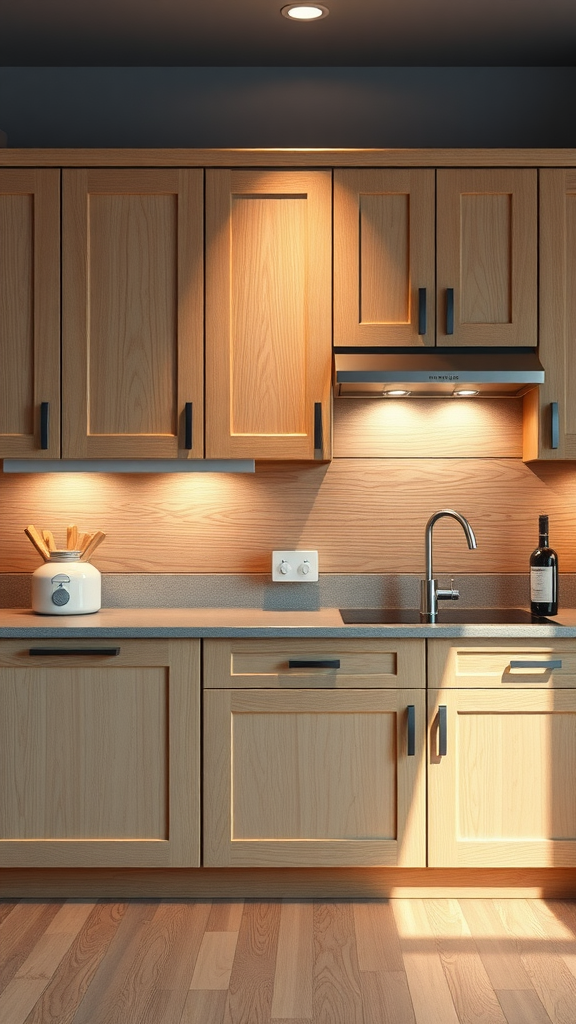 A modern kitchen showcasing white oak cabinets with warm lighting.