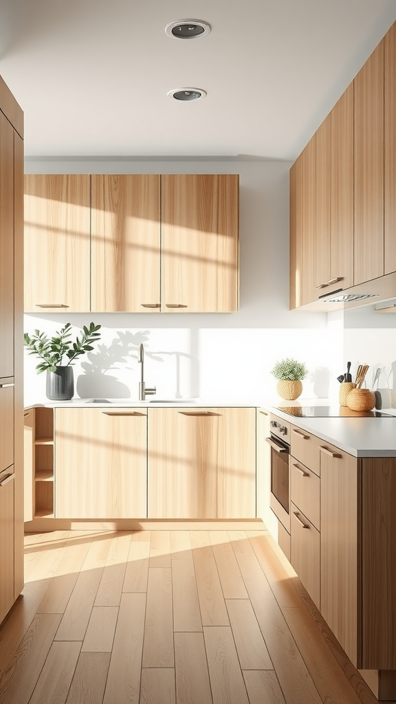 Modern kitchen with lightwood cabinets and natural sunlight.