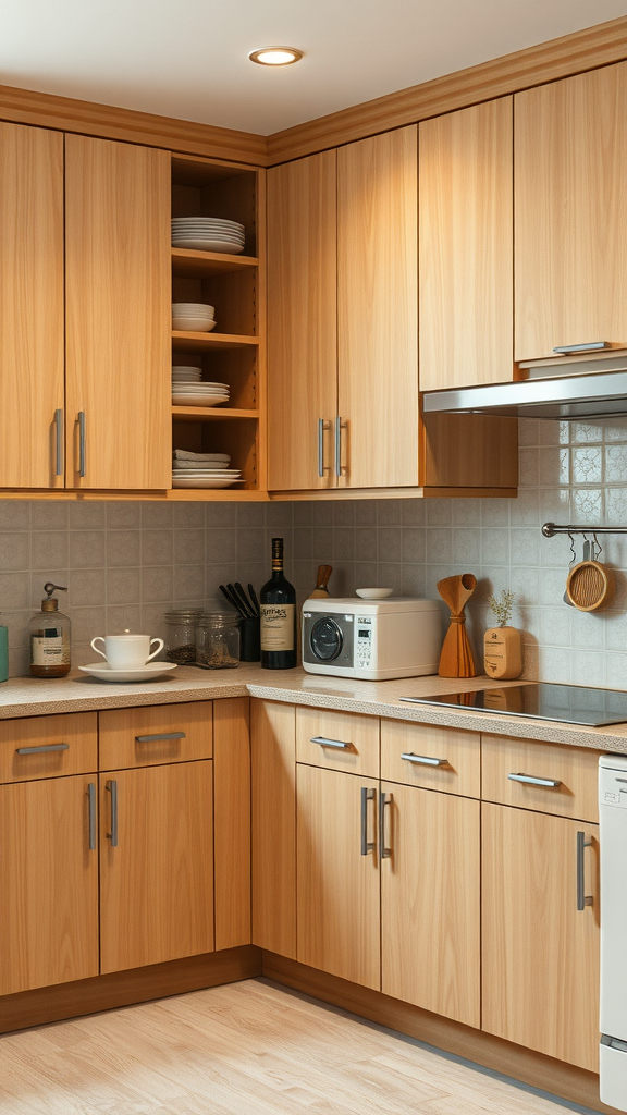 A modern kitchen with lightwood cabinets, featuring plates and kitchen appliances.