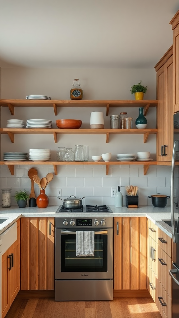 A modern kitchen with lightwood cabinets and open shelving displaying various kitchenware.