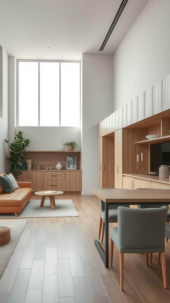 Lightwood kitchen cabinets in an open concept living space with natural light.