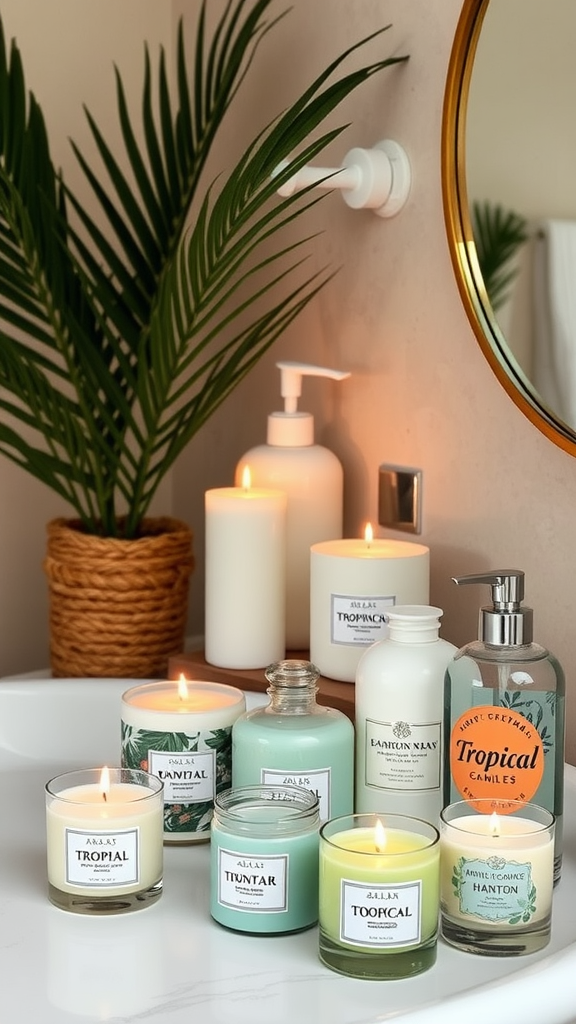 A collection of tropical scented candles and bath products on a bathroom counter, surrounded by greenery.