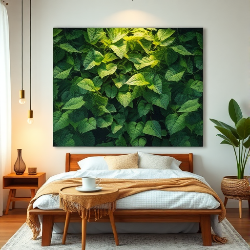 A bedroom featuring a large green foliage wall art, dreamcatchers, and natural decor elements.