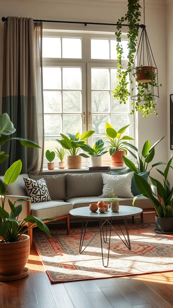 Cozy cottage living room with indoor plants and natural light