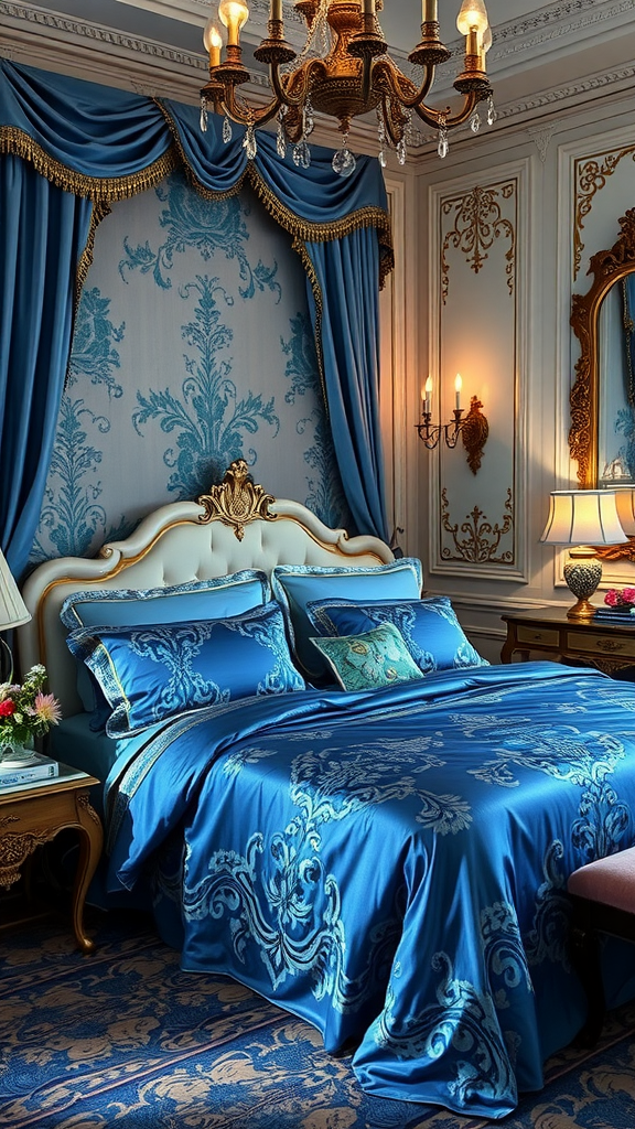 Luxurious blue silk bedding with decorative pillows and elegant decor