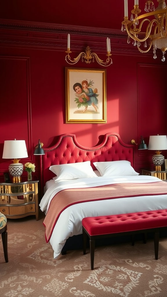 Luxurious burgundy bedroom with tufted bed, elegant furniture, and warm lighting.