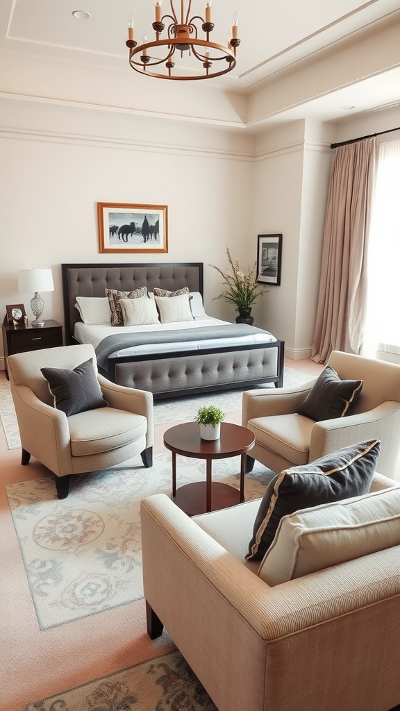 A luxury master bedroom with stylish seating area featuring two chairs and a small table.