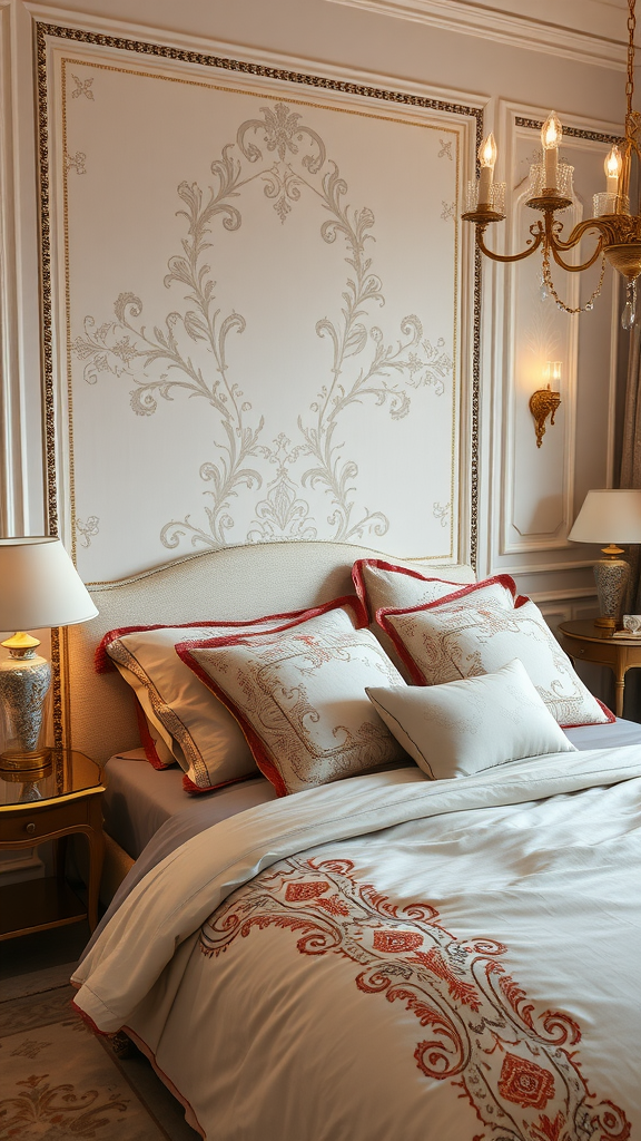 Luxurious bedding in an elegant men's bedroom with rich textiles and ornate patterns.