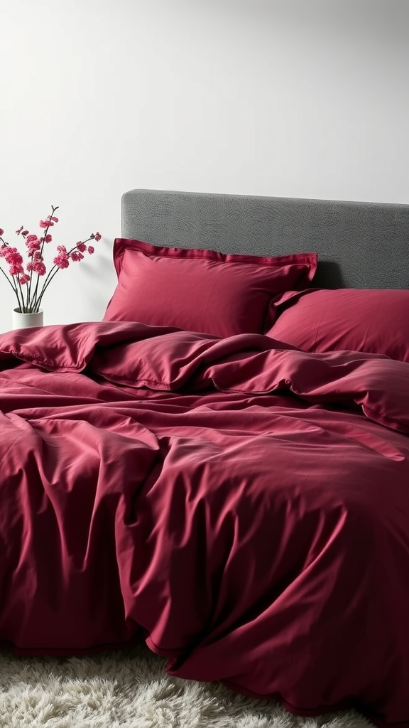 Luxurious burgundy bedding set with decorative pillows