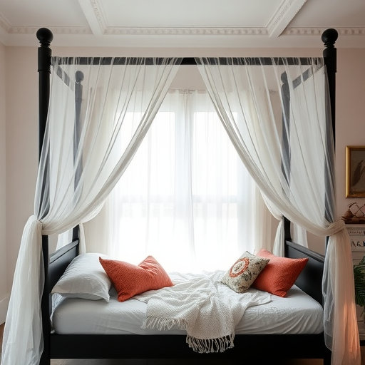 Luxurious black canopy bed with white drapes and orange cushions