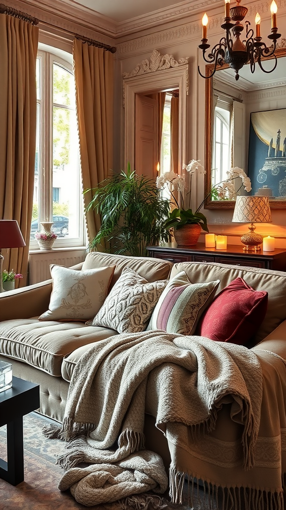 A cozy Parisian living room with soft textiles, plush cushions, and warm lighting.