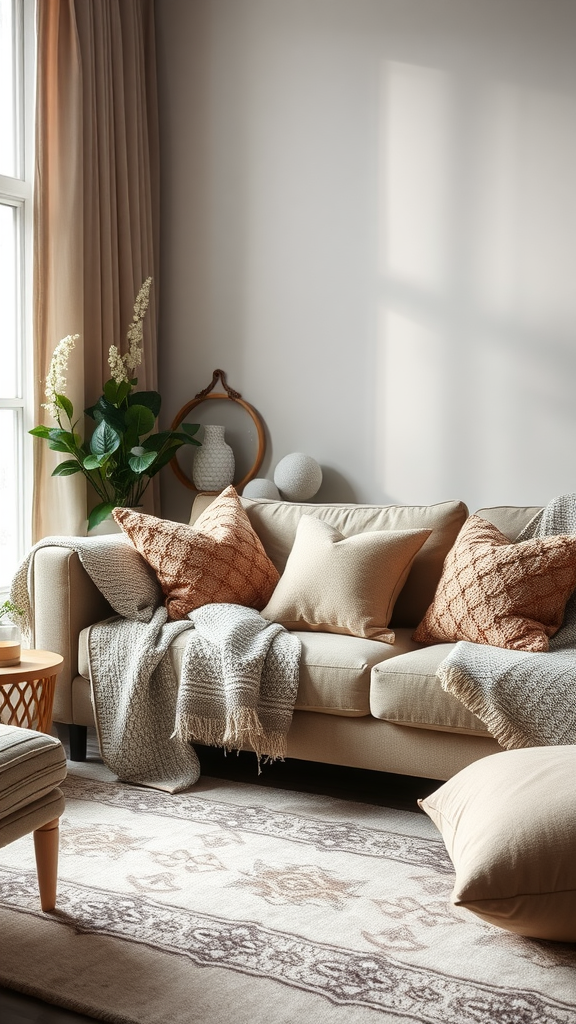 A cozy living room featuring a beige sofa adorned with textured throws and decorative pillows, along with a soft rug and natural light.