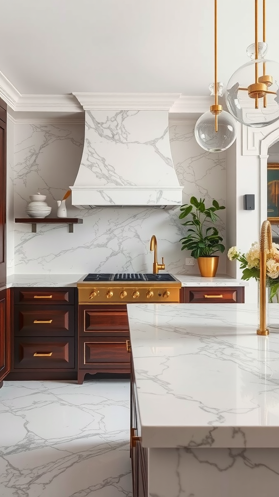 A luxurious kitchen featuring marble countertops and wooden cabinetry.