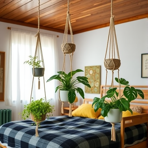 A cozy bedroom featuring macrame plant hangers with various plants, creating a vibrant atmosphere.