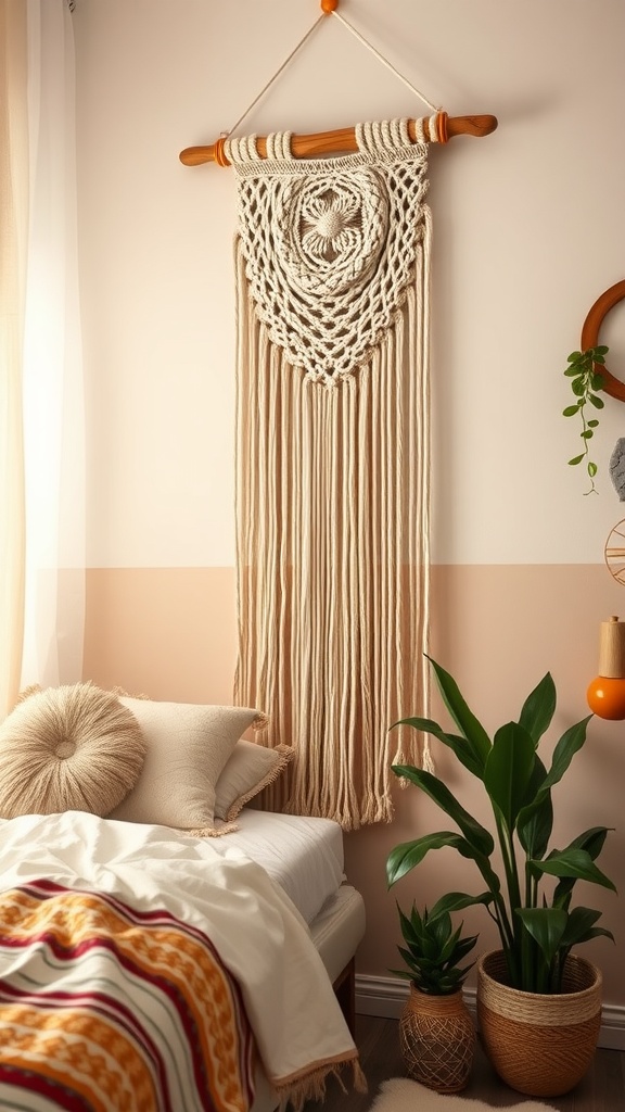 A macrame wall hanging above a bed in a boho styled dorm room, with plants and colorful textiles.